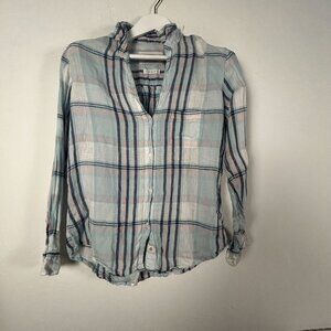 Grayson Womens Plaid Long Sleeve Button-Down The Hero Shirt Size 3 Linen Blue